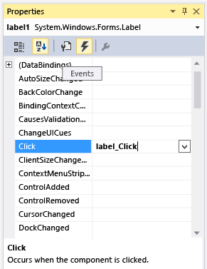 Properties window showing Click event