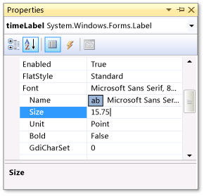 Properties window showing font size