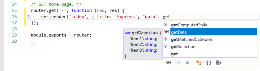 Screenshot of a Visual Studio code window with the word 'get' being entered. IntelliSense information is shown for all functions beginning with 'get'.