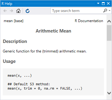 R Help window in Visual Studio