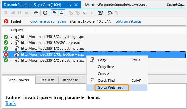 Dynamic parameter error in test results