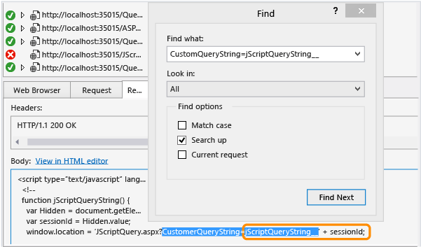 Screenshot of the Web Performance Text Results Viewer. A query string is selected and a Find dialog is shown with SearchUp and Find Next selected.