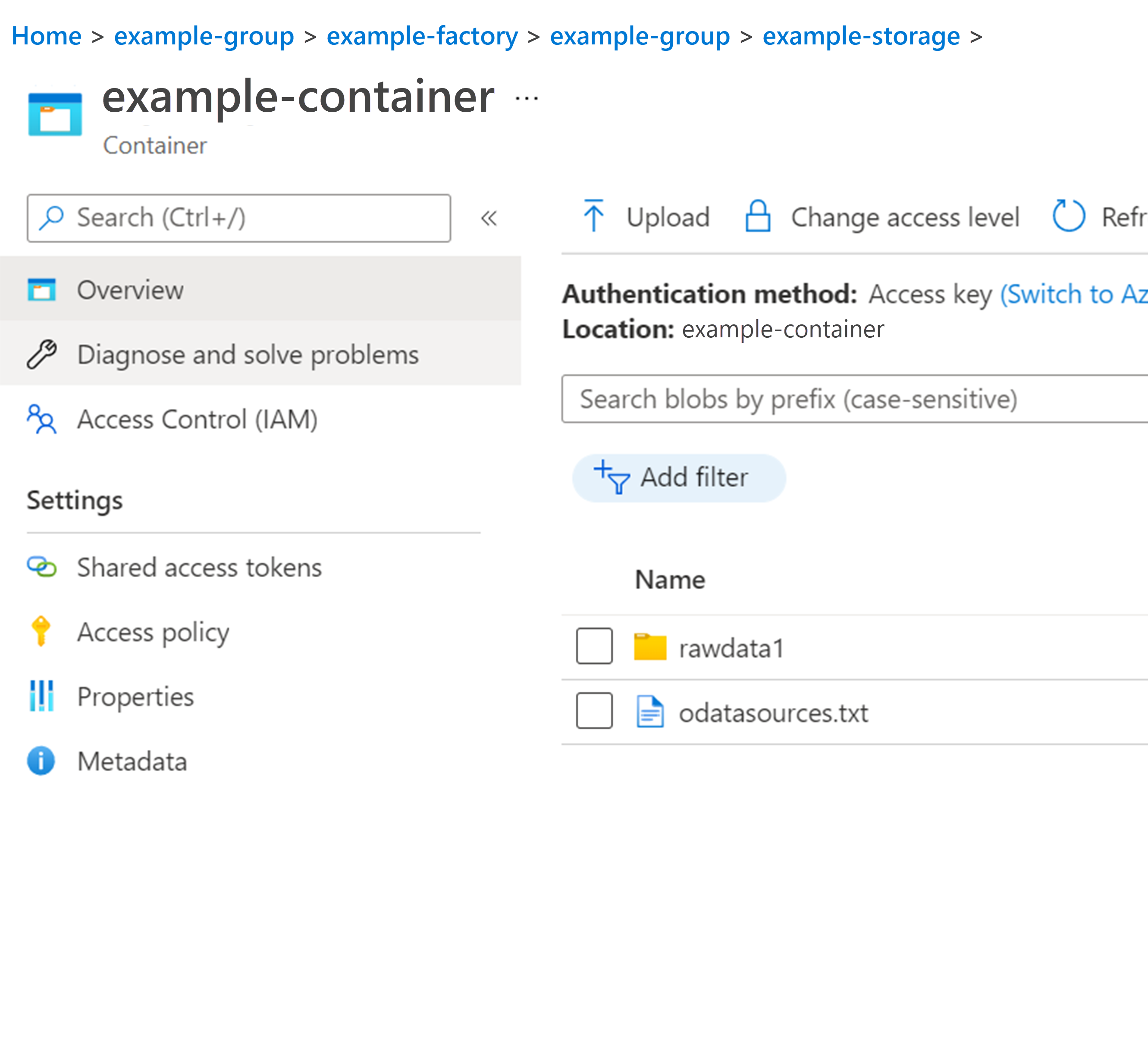 Screenshot of the container screen that has rawdata1 and odatasources.txt under Name.