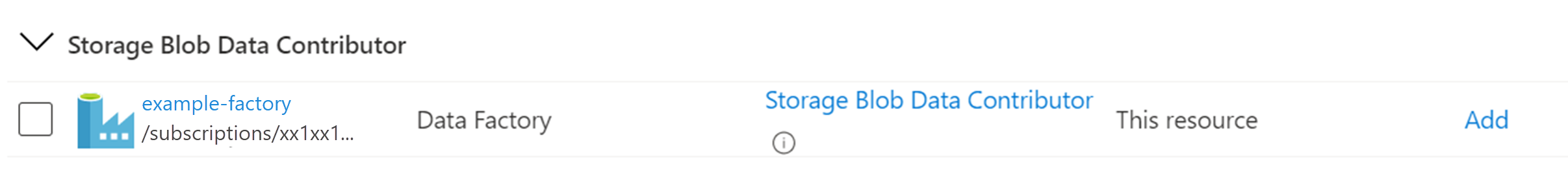 Screenshot of the Storage Blob Data Contributor section showing the data factory the user added earlier.