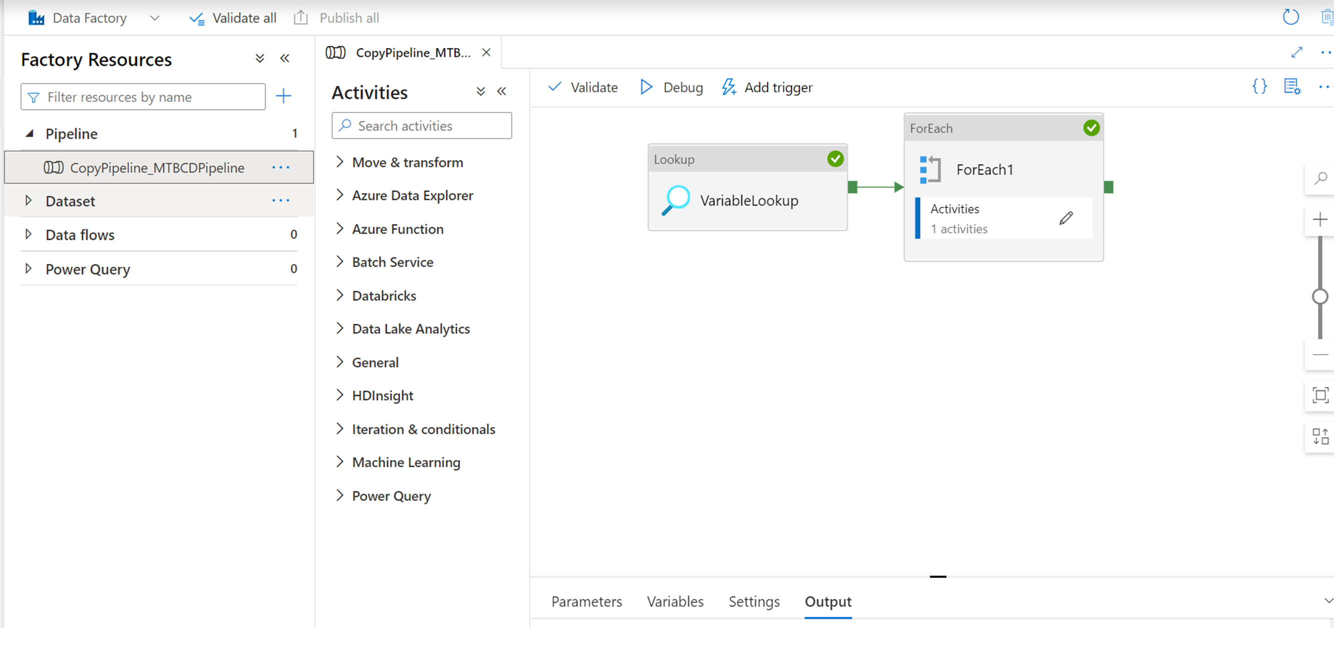 Screenshot of the pipeline on the Factory resources page with Copy Pipeline_MTBCDPipeline on the left pane.