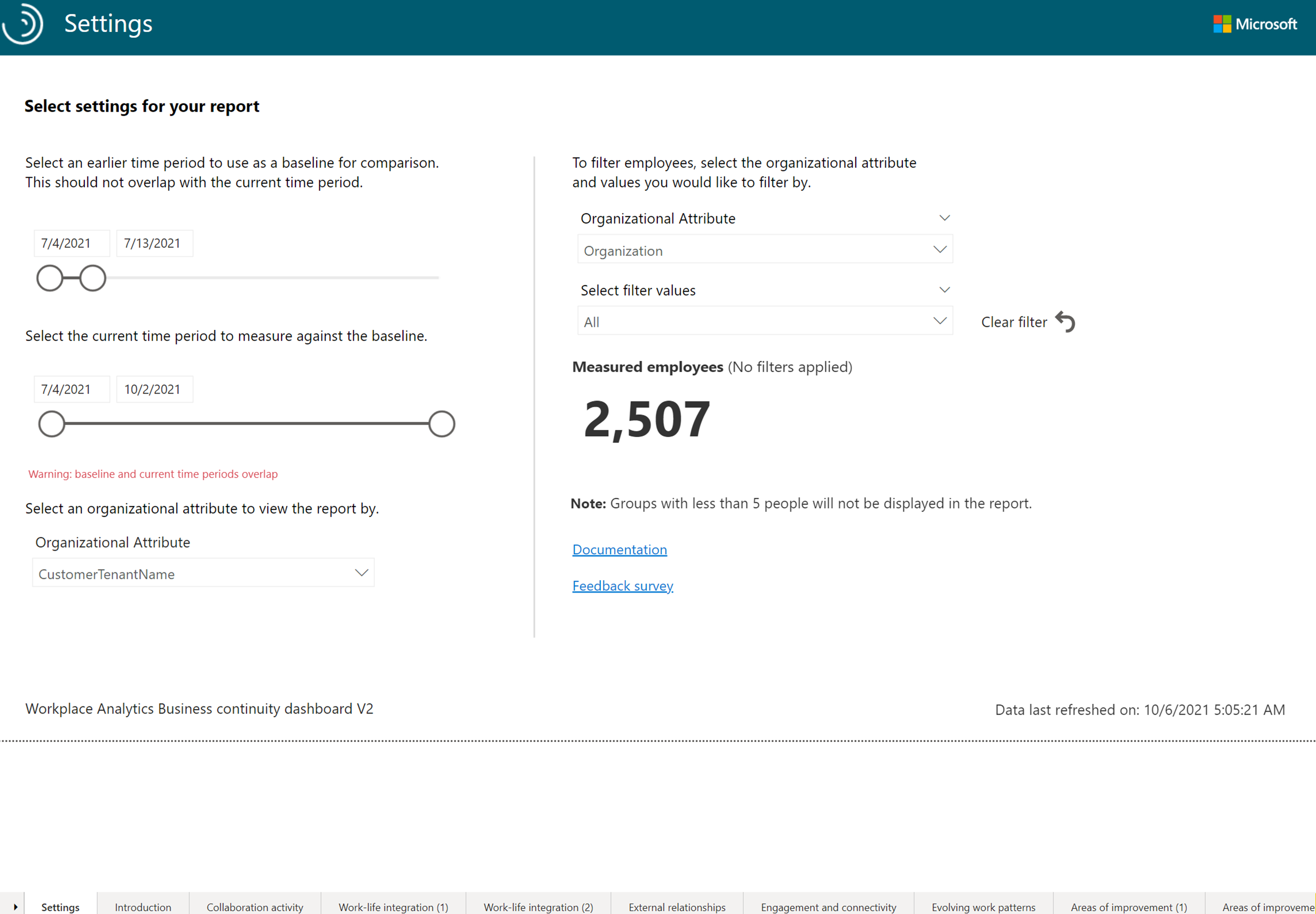 Screenshot of the Settings screen in a Power BI report.