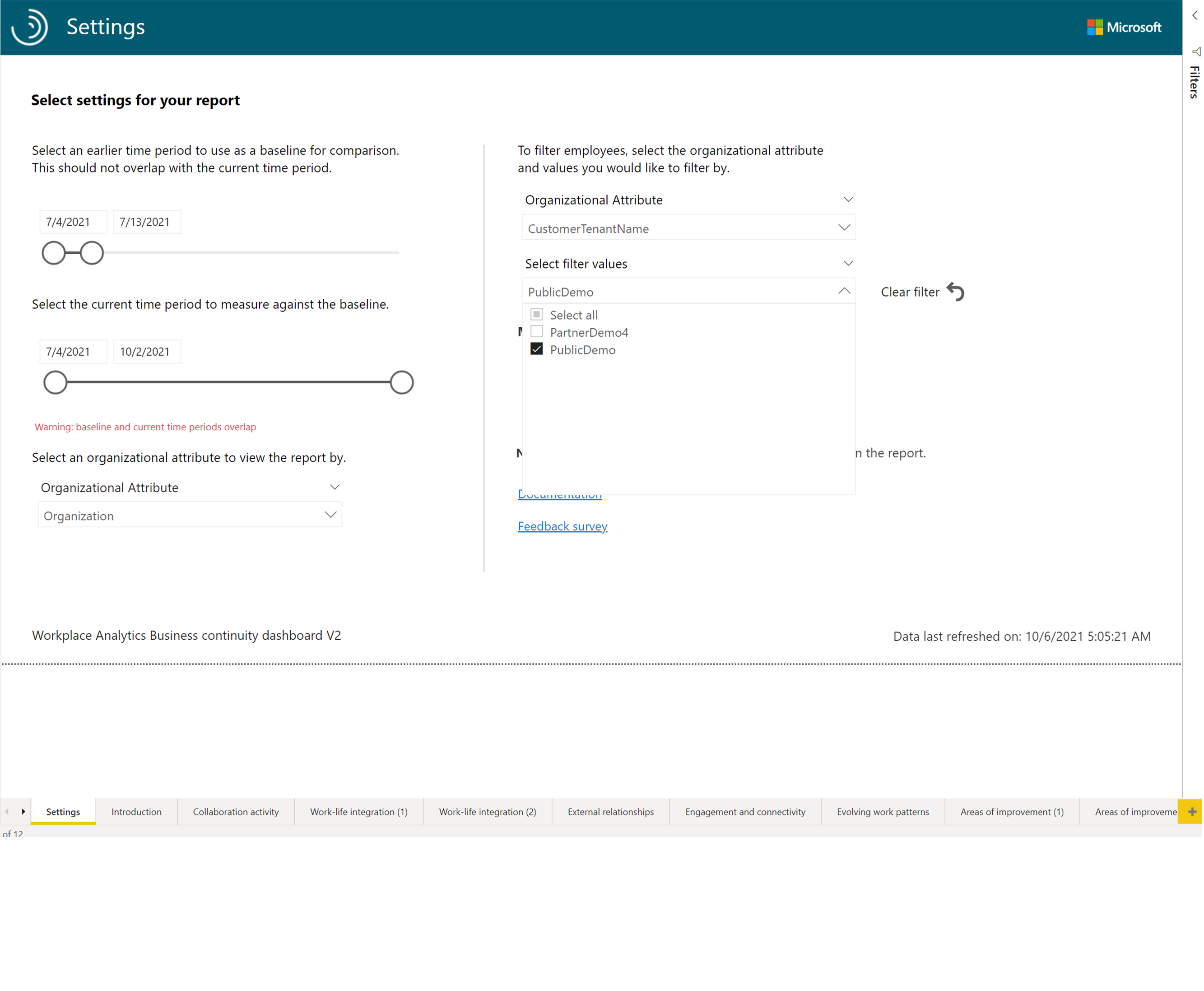 Screenshot of the Settings page of a Power BI report with Select filter values dropdown menu expanded and PublicDemo checked.