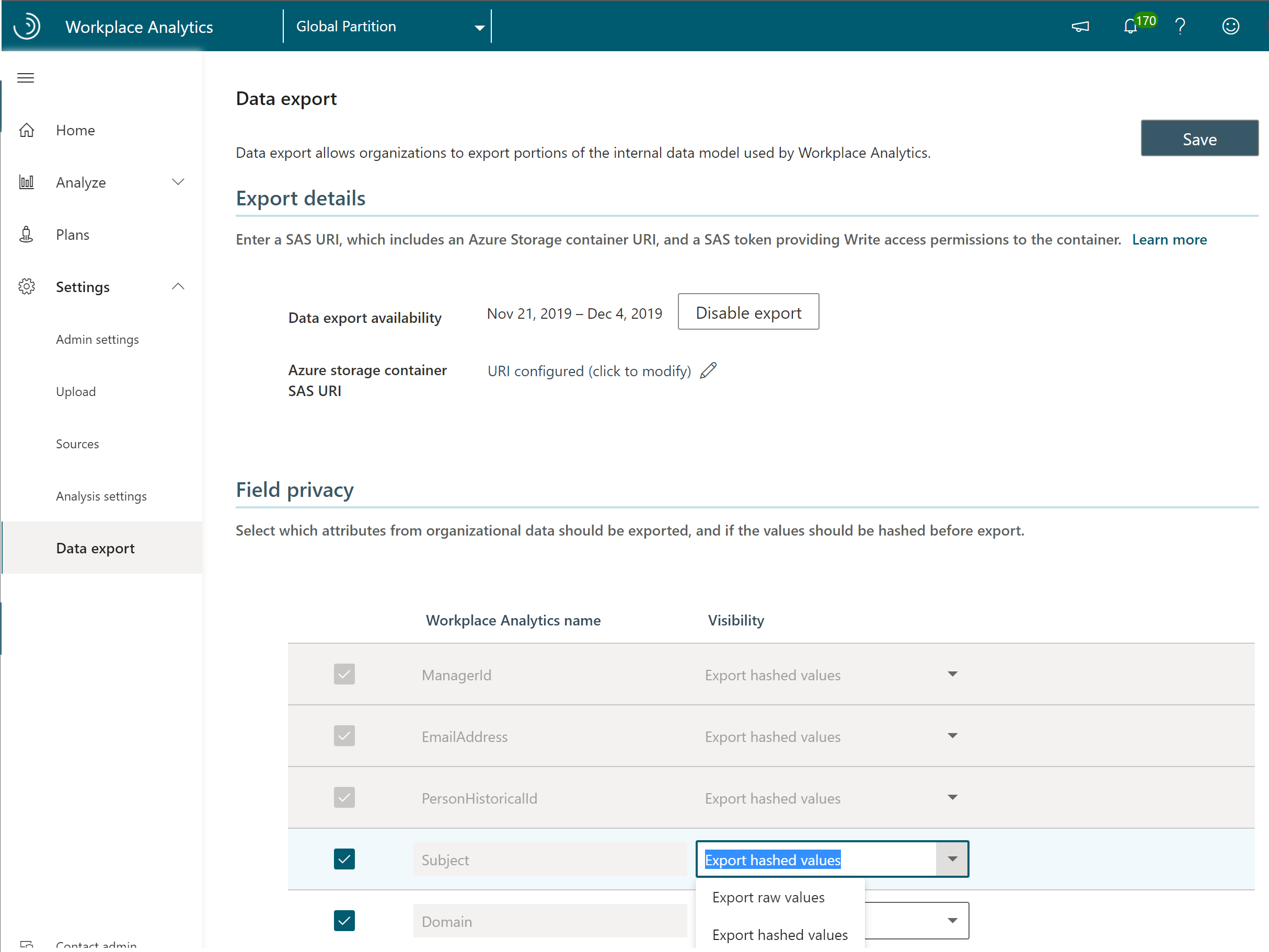 Workplace Analytics data export settings page.