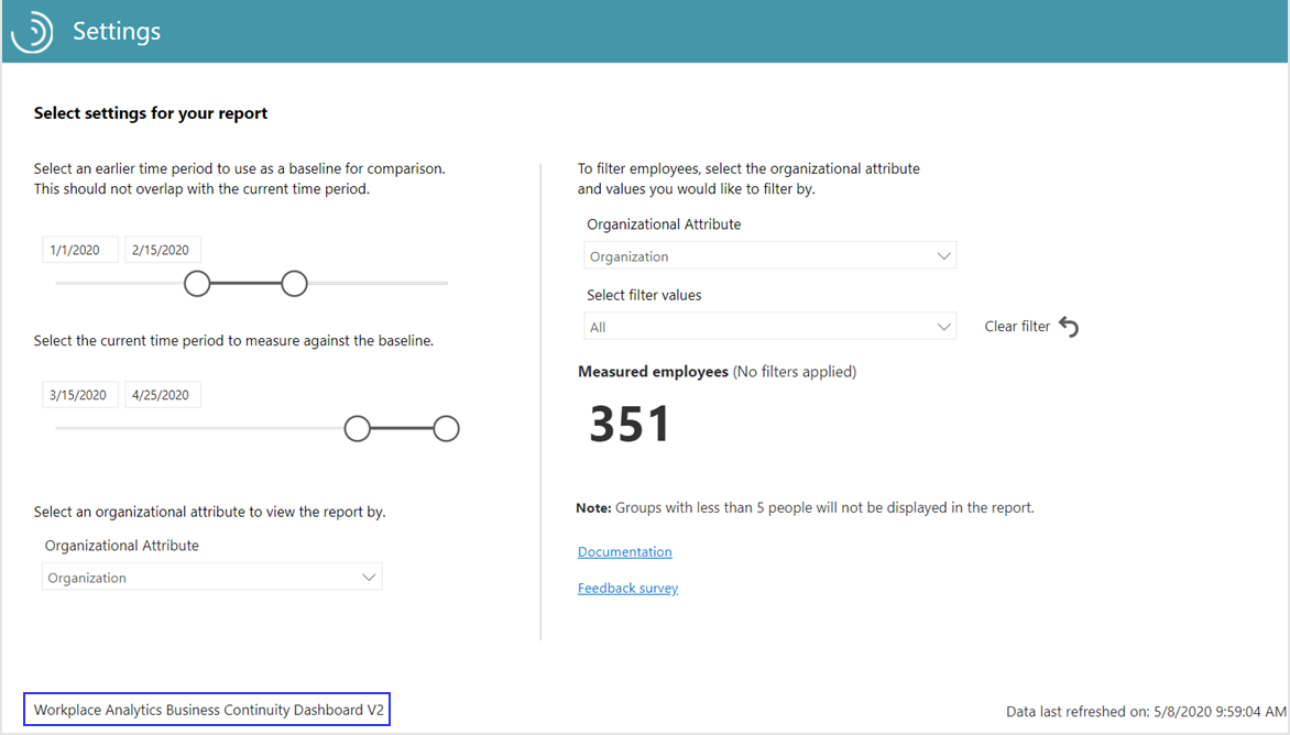 Business continuity dashboard settings.