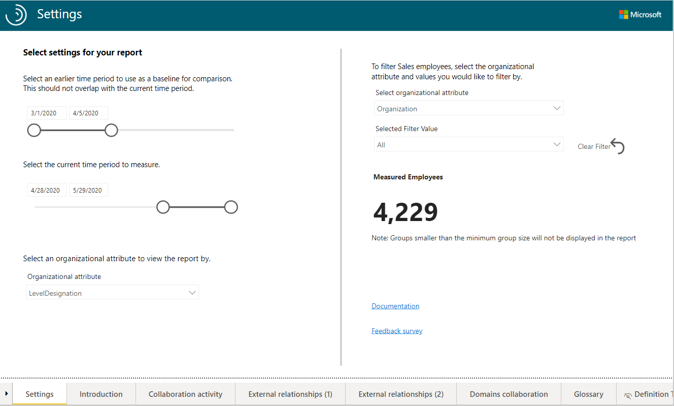 Sales business continuity dashboard settings.