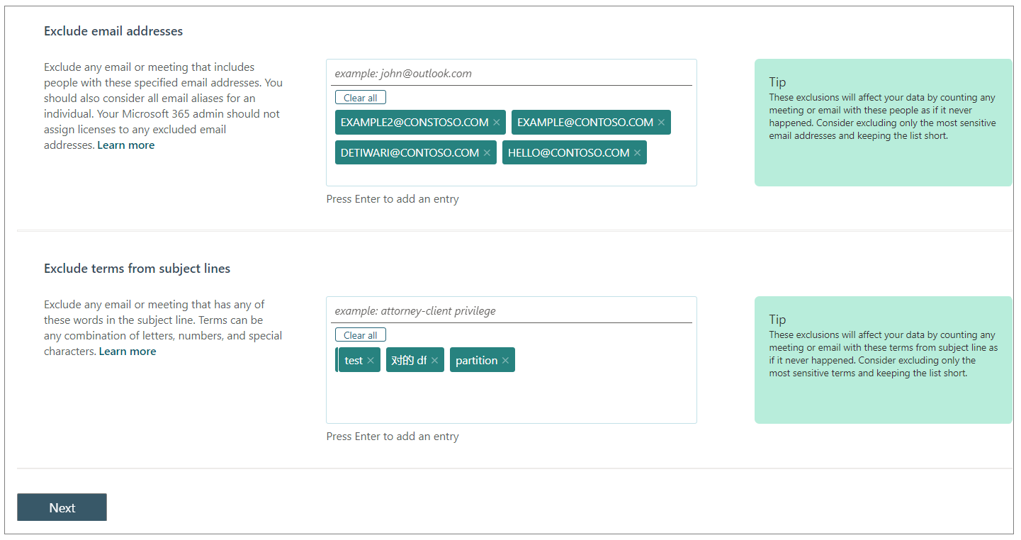 Exclude email addresses, terms from subject lines.