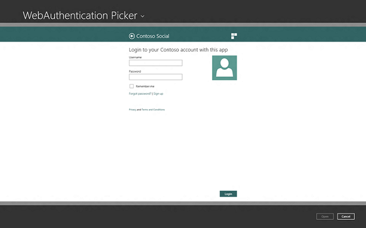 An example shows the Web Authentication Broker UI in File Picker view