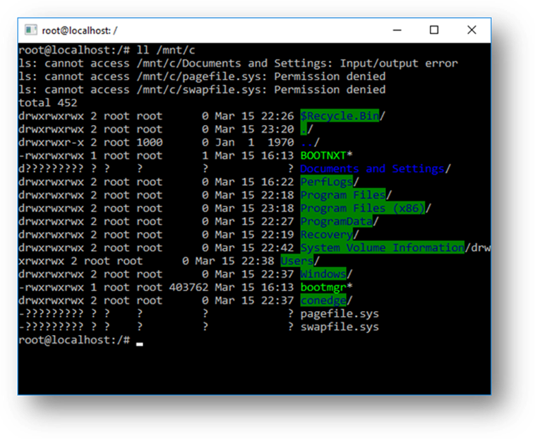 listing the contents of the local filesystem using windows subsytem for linux (wsl)