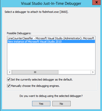 visual studio 2010 just-in-time debugger possible debugger dialog box