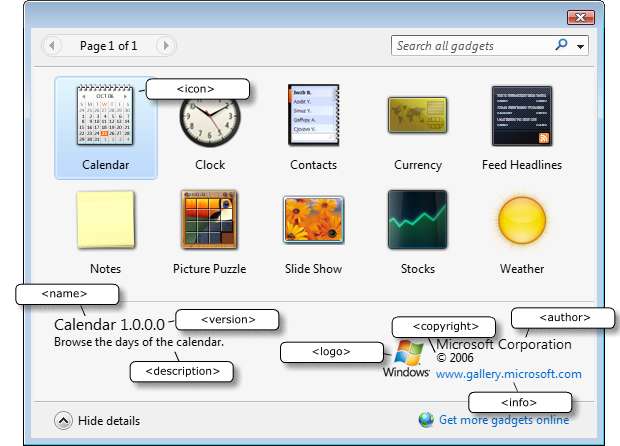 gadget picker with manifest elements highlighted.