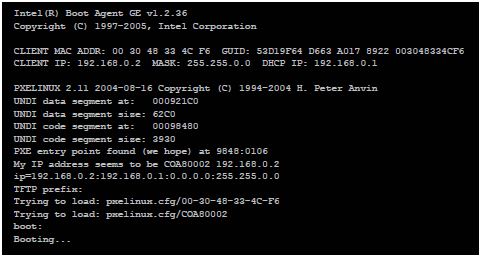 XBAS compute node console during PXE boot