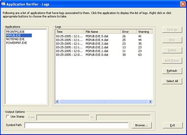 Figure 4: The Logs dialog box gives you complete access to the information gathered by AppVerifier.