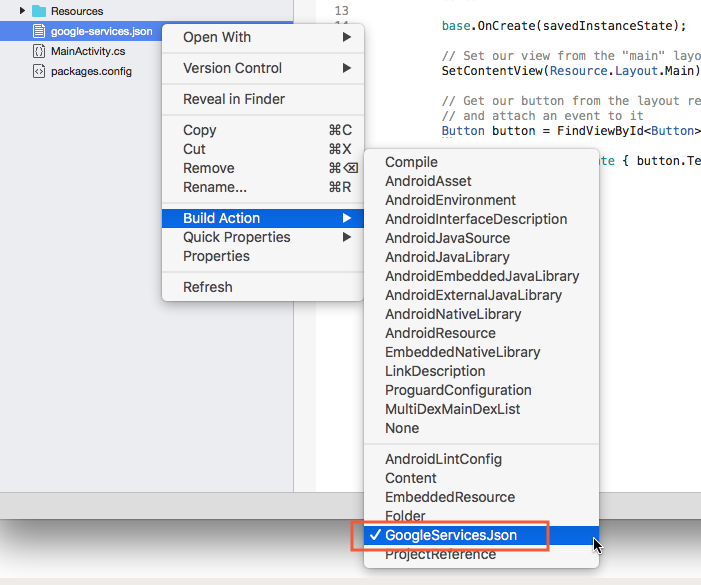 Setting the build action to GoogleServicesJson