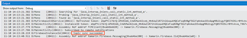 Output window shows topic sync succeeded message