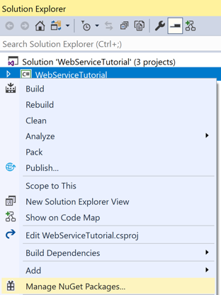 Screenshot of the Add NuGet Packages menu item being selected