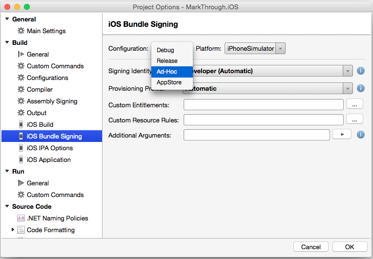 Select the type of build from the Configuration dropdown