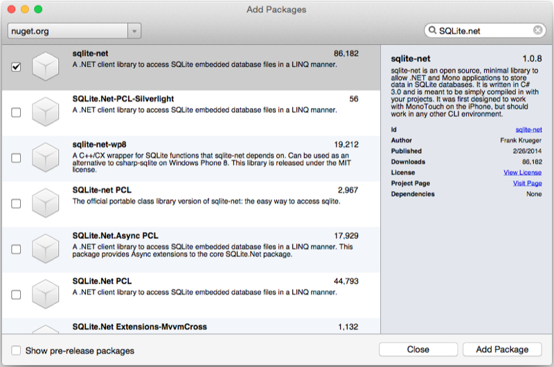 Adding the SQLite NuGet package