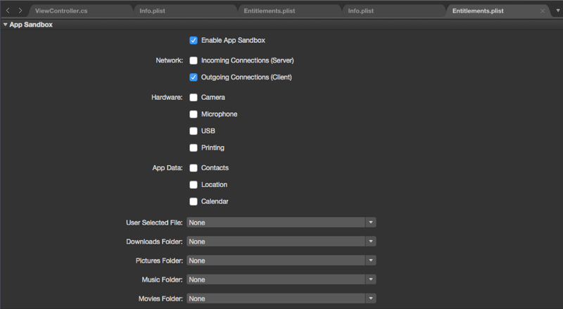 Editing the entitlements in the App sandbox.