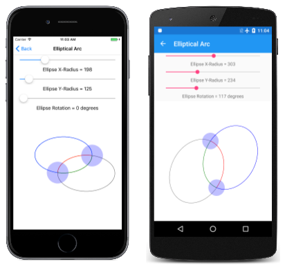 Triple screenshot of the Elliptical Arc page