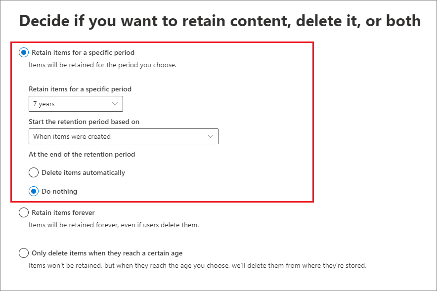 Retention settings page.