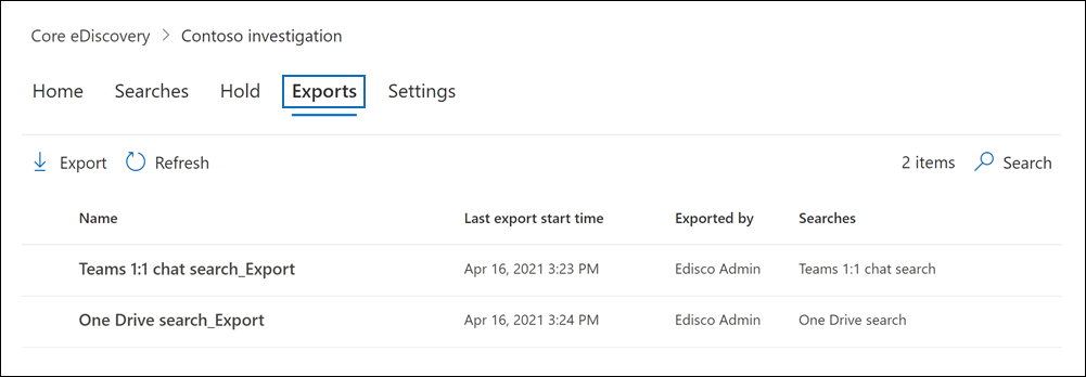 Export jobs on the Export tab in eDiscovery (Standard) case.