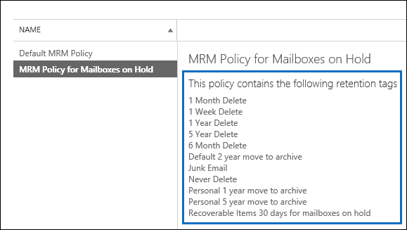 Retention tags linked to the retention policy are displayed in the details pane.