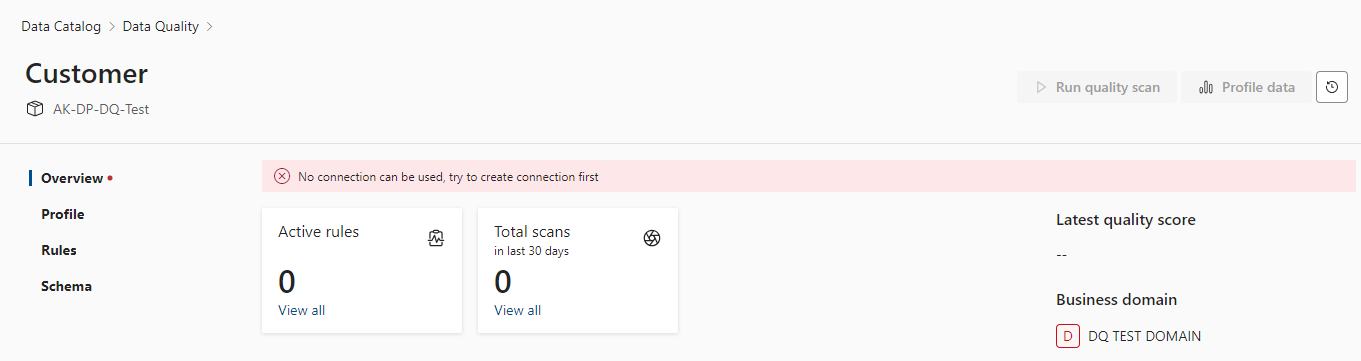 Screenshot of the data quality overview page with connection error.