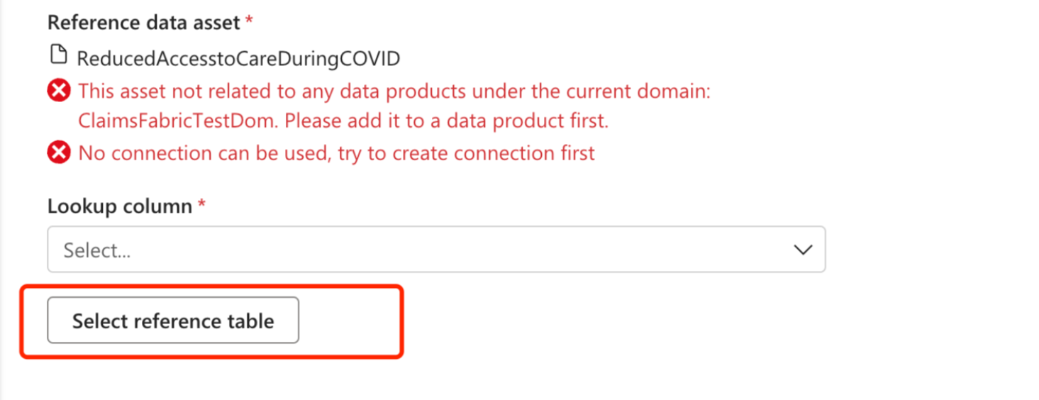 Screenshot of look up data asset error.