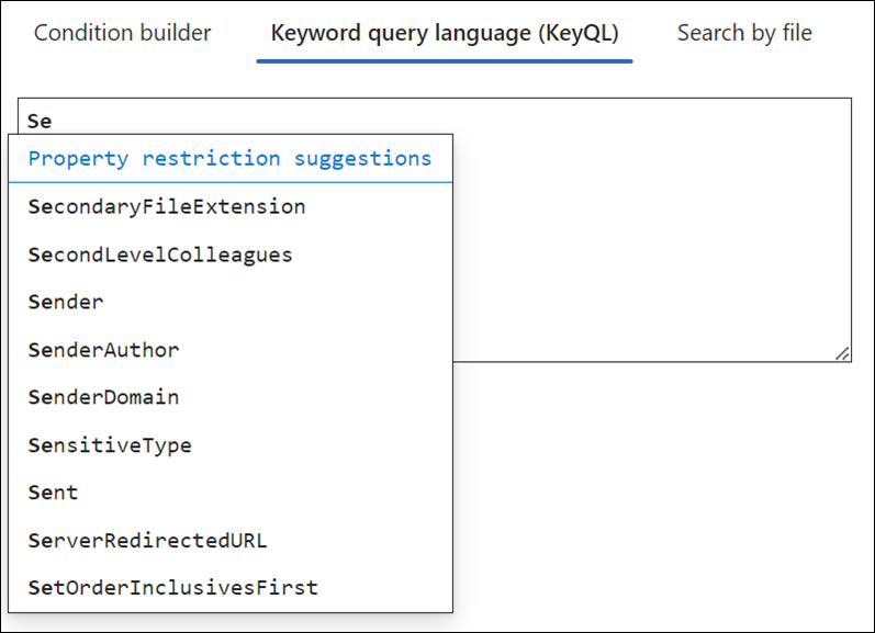 KeyQL editor suggests supported properties.