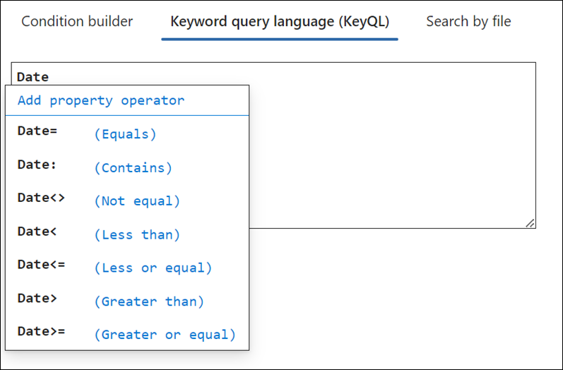 KeyQL editor suggests operators.