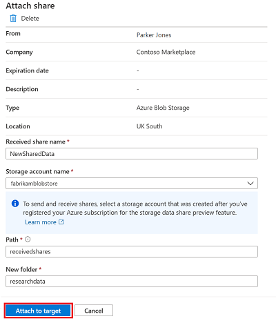 Screenshot of the data share reattachment window, showing a new storage account selected and a path and folder added.