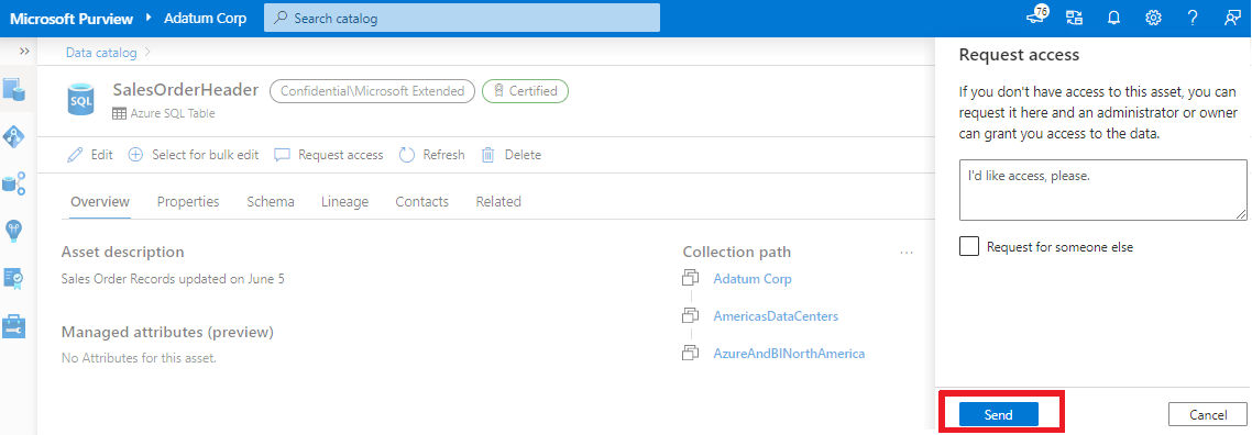 Screenshot of a data asset's overview page, with the Request access window overlaid. The Send button is highlighted at the bottom of the Request access window.
