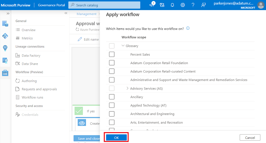 Screenshot showing the apply workflow window, showing a list of items that the workflow can be applied to. At the bottom of the window, the O K button is selected.