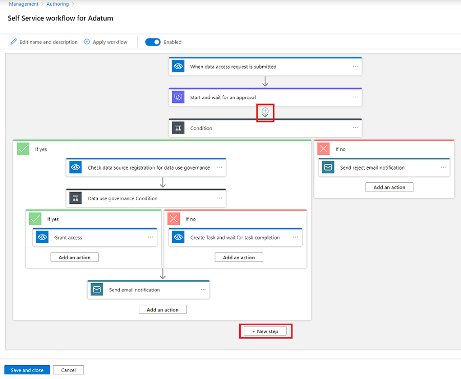 Screenshot that shows the workflow authoring canvas, with the button for adding a connector and the button for saving the new conditions.