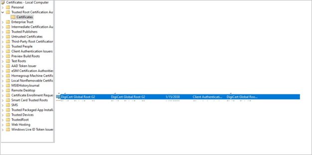 Screenshot showing the DigiCert Global Root G2 folder in the Trusted Root Certification Authorities directory.