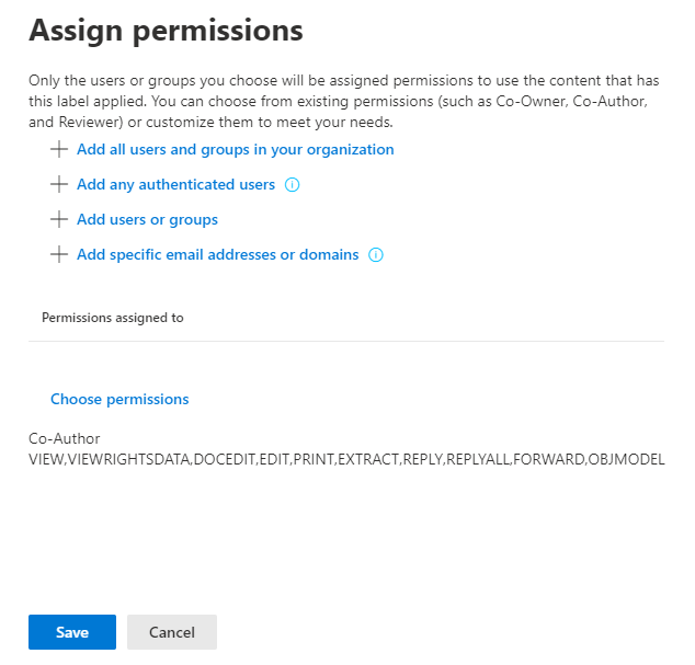 Encryption options to assign permissions to users.