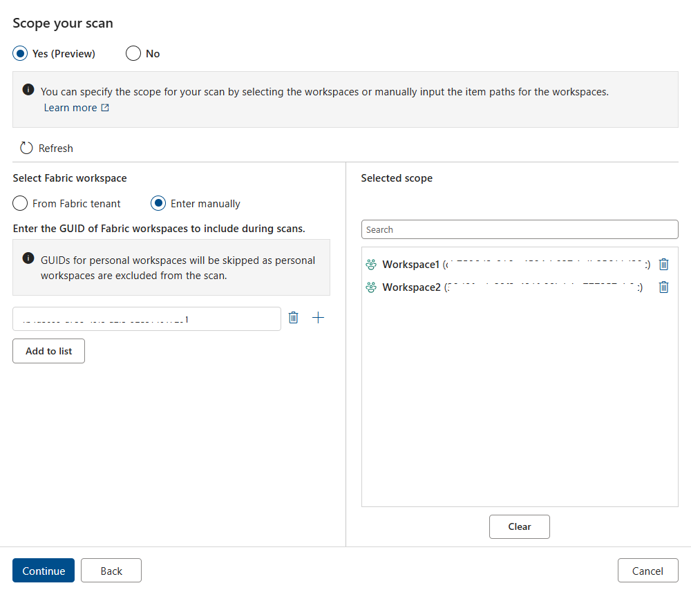 Screenshot that shows the Scope your scan with option Yes selected and manual input.