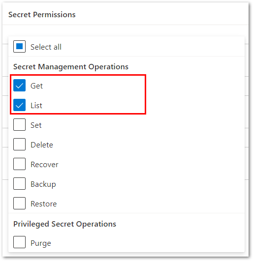 Image showing dropdown selection of both Get and List permission options