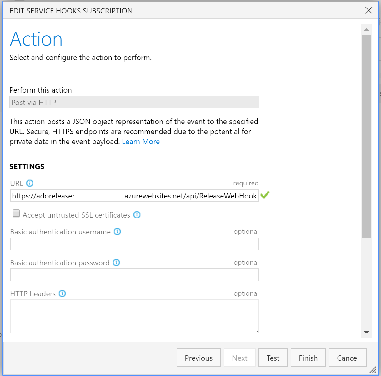 Adding a webhook in Azure DevOps