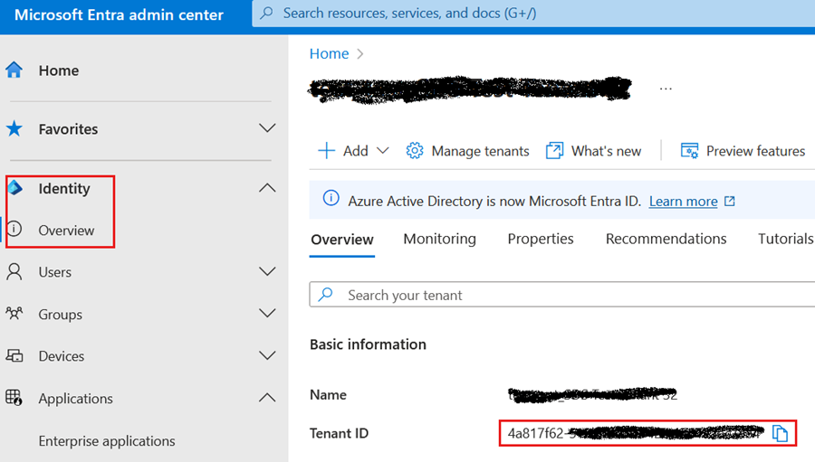 Screenshot showing location of tenant ID.