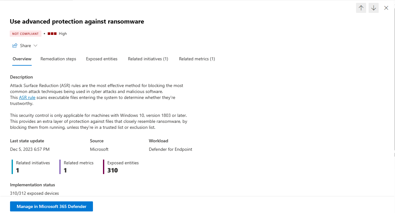 Screenshot of the ransomware advanced protection recommendation details 