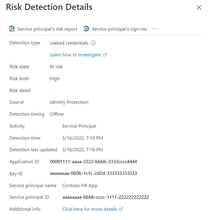 Screenshot of the Risk Detection details user interface page.