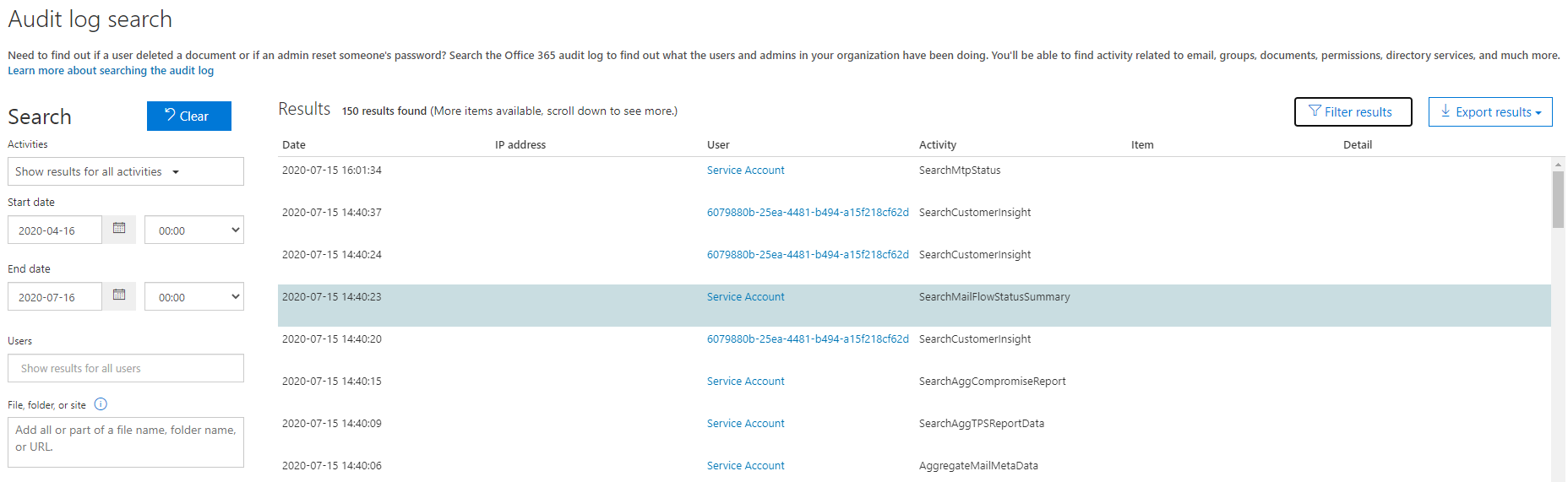 Example of an audit log search