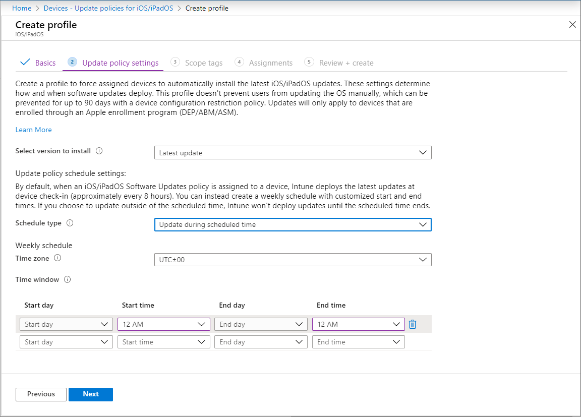 Screenshot of Update policy settings in Create profile.