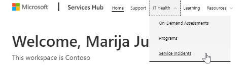 The dropdown of IT Health in Services Hub and Service Incidents.